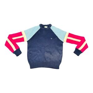 Vintage Ocean Pacific OP Sweater Striped Sleeve Crew Neck Pullover Blue Hot Pink